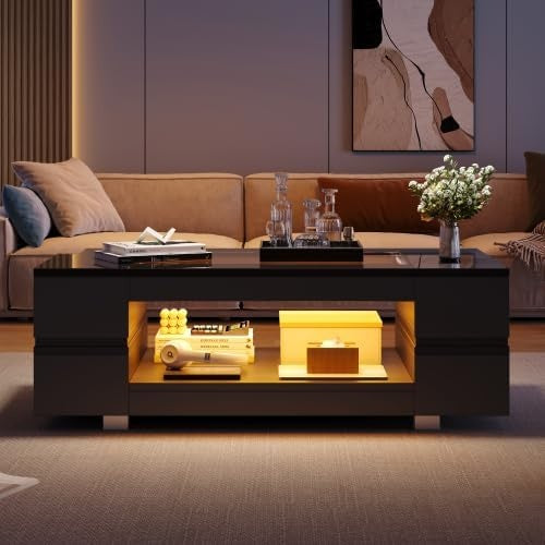 Couchtisch mit LED-App-Steuerung, offenem Design und 2 Ebenen Stauraum, 100 ¡Á 50 ¡Á 35