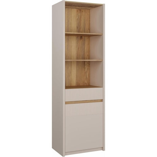 Regal mit 2 Einlegeboden, 1 Schublade und 1 Tur aus Holzwerkstoff in Mauvella-Eiche und Kaschmirbeige, 60,6 ¡Á 197,4 ¡Á 41,7
