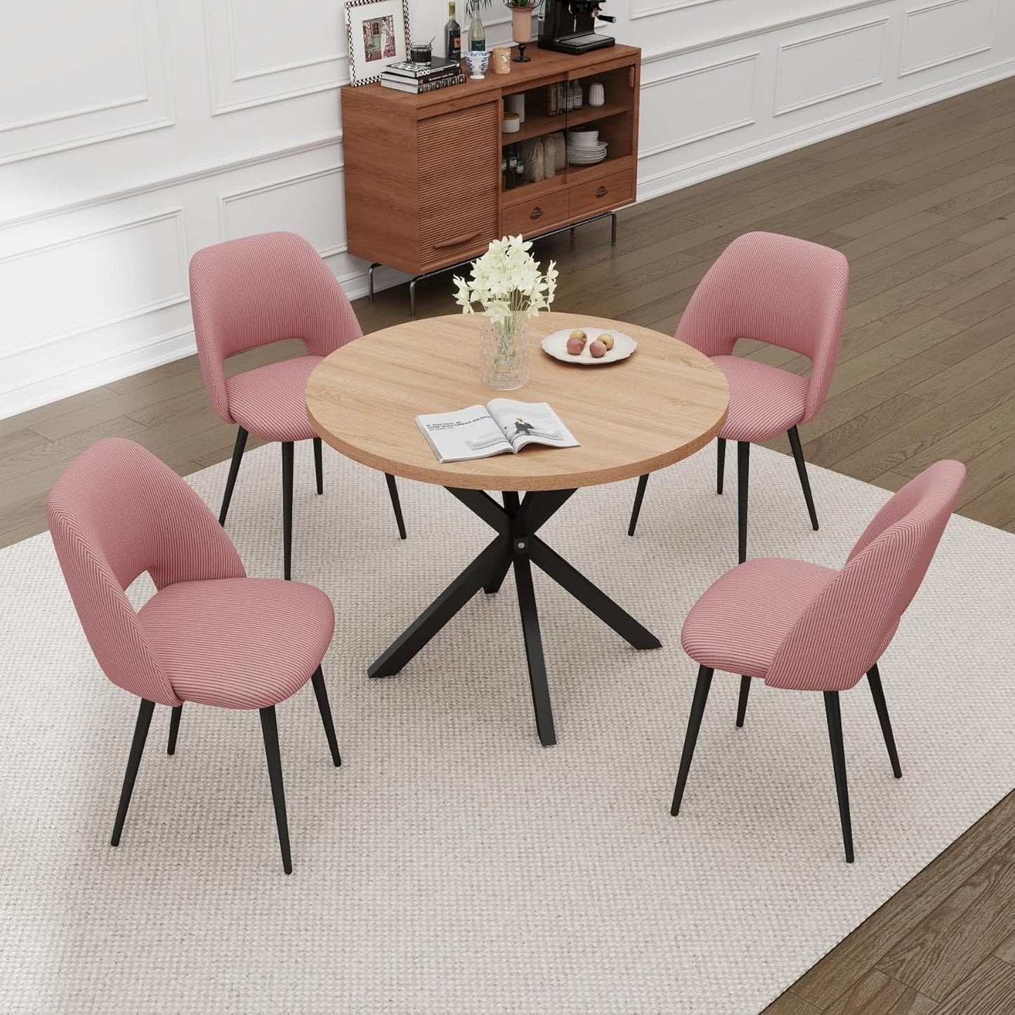 Runder Esstisch aus MDF mit 4 gepolsterten Cordstuhlen fur Esszimmer oder Kuche, 100